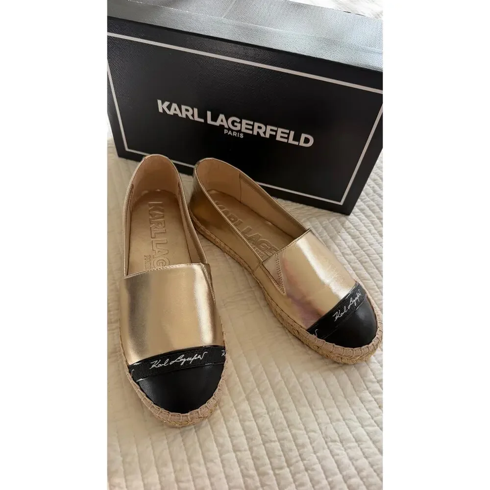 Karl Lagerfeld Paris Gold Metallic Espadrille Flats Size 6 New in Box. $109